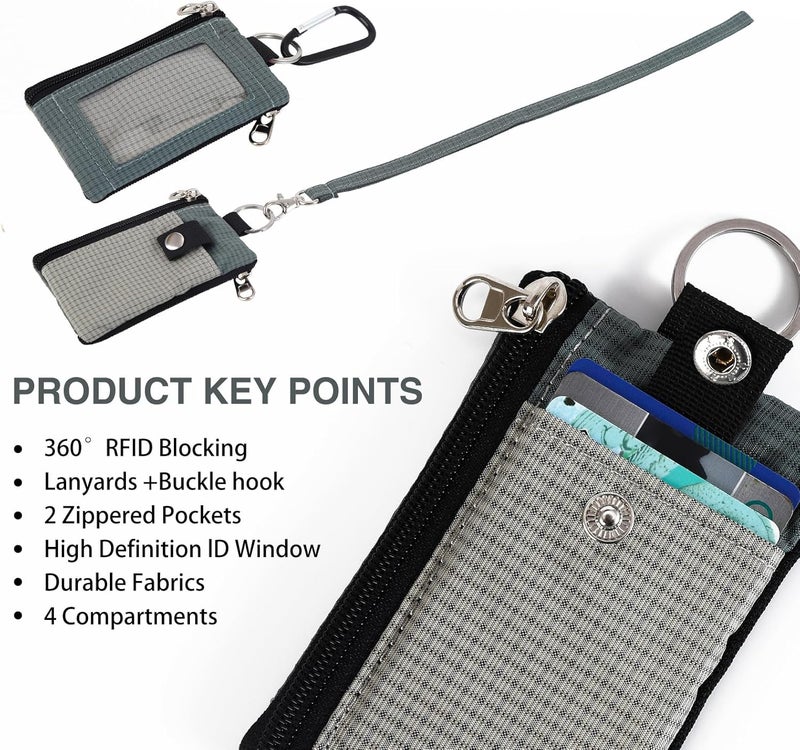 MASAPHIL MASAPHlL Small Lanyard Wallet for Women/Men with RFID Blocking ID Badge Holder, Minimalist Nylon Zipper Pouch, Traval Neck Wallet with Keychain, ID Window for Card,Coin,Cash (Gray+Dark Gray) - Image 3